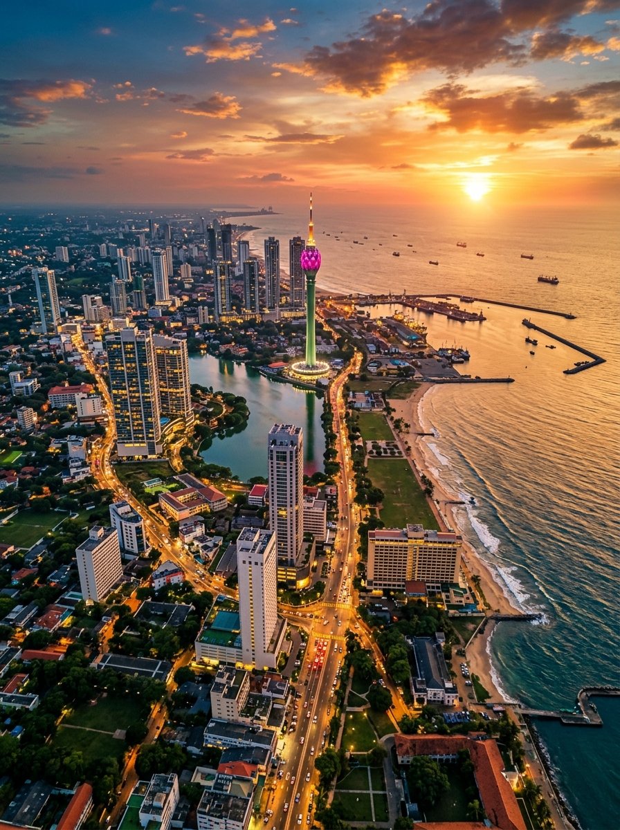 Colombo cityscape with Lotus Tower at sunset